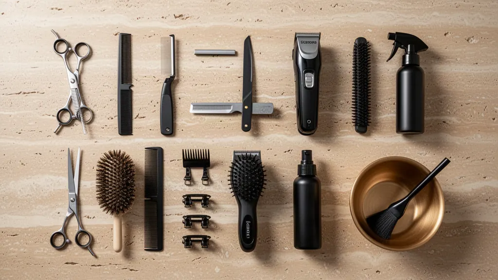 Shears and hair tools arranged on stone
