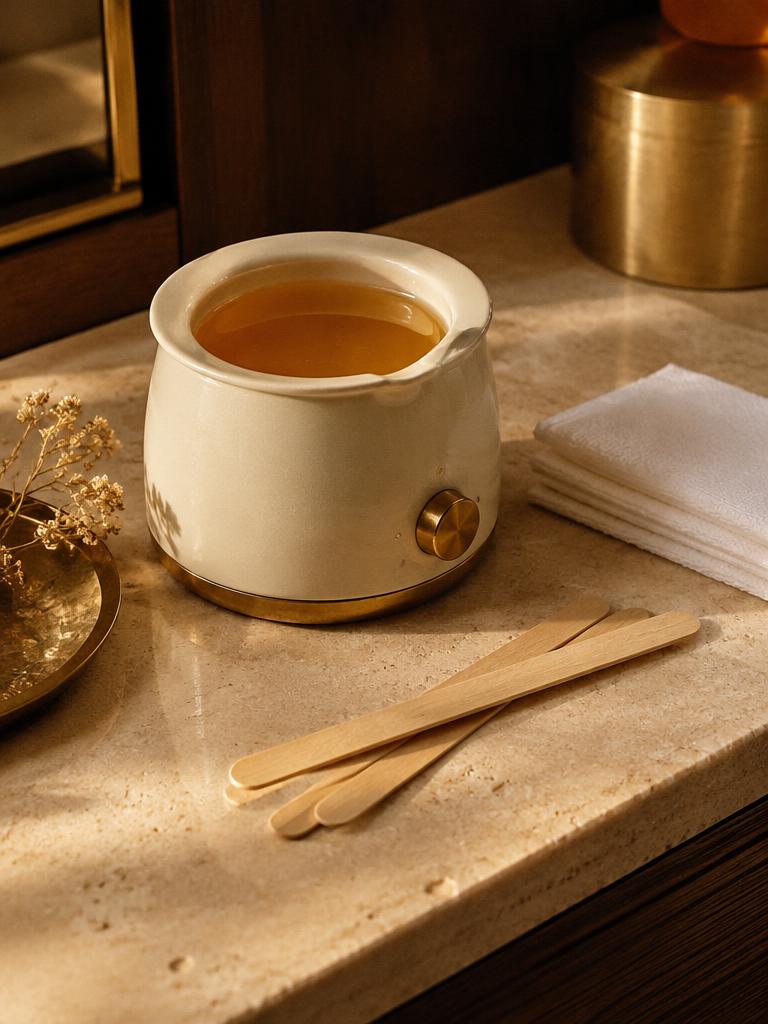 Wax warmer with honey-colored wax and wooden spatulas
