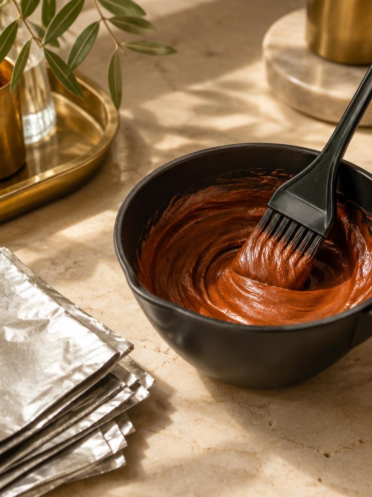 Tint brush in a bowl of freshly mixed color beside folded foils