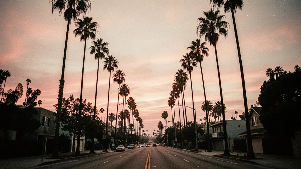 Illustrative palm-lined boulevard at golden hour
