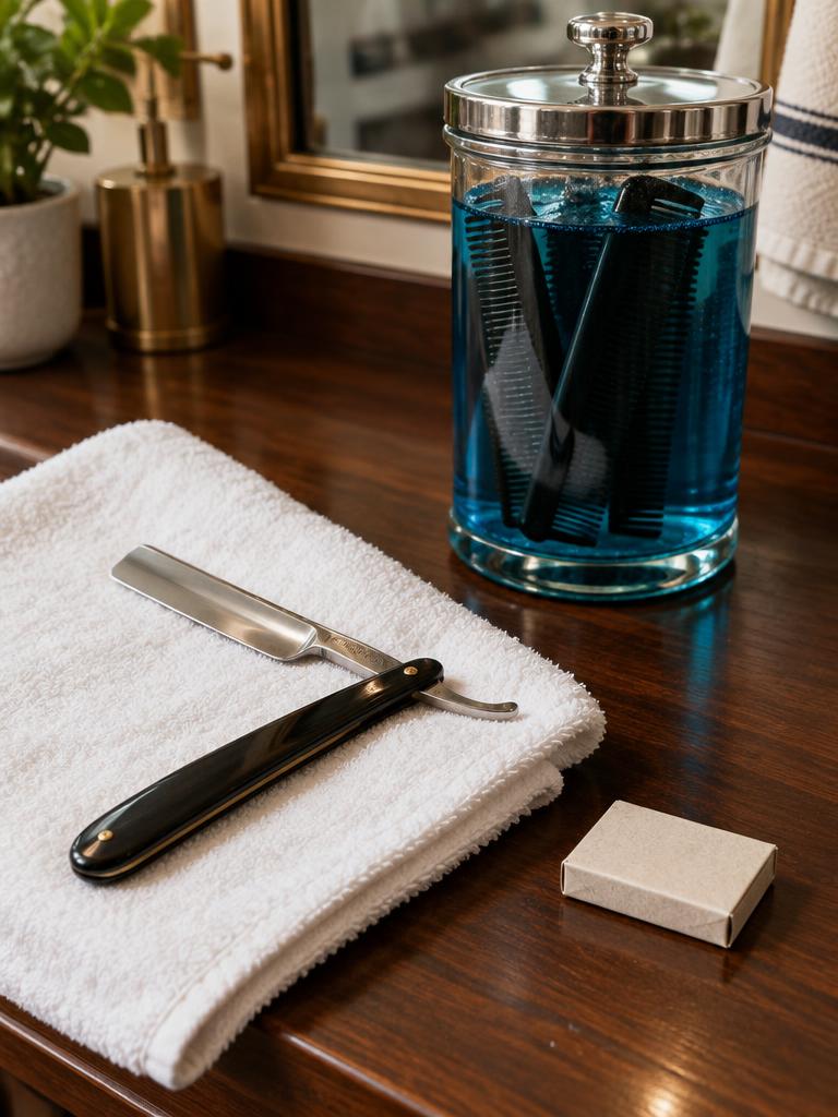 Straight razor on a clean towel beside a jar of blue disinfectant
