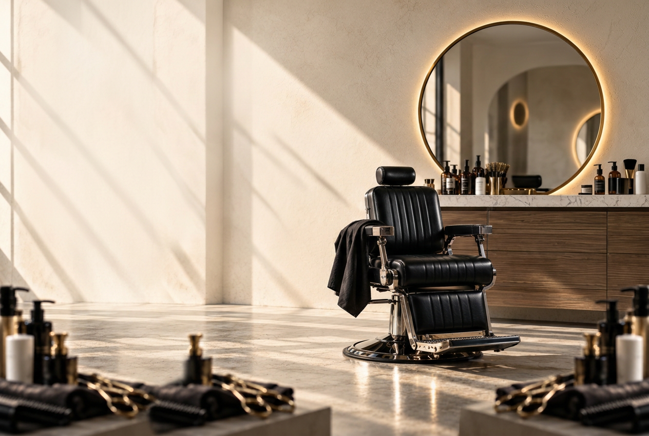 Sunlit salon-chair concept with a black leather barber chair, round mirror and hair tools